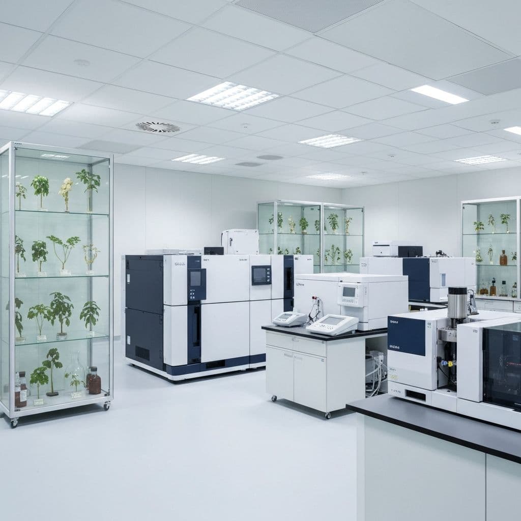 Phyto-Medichem analytical laboratory with botanical specimens and HPLC equipment